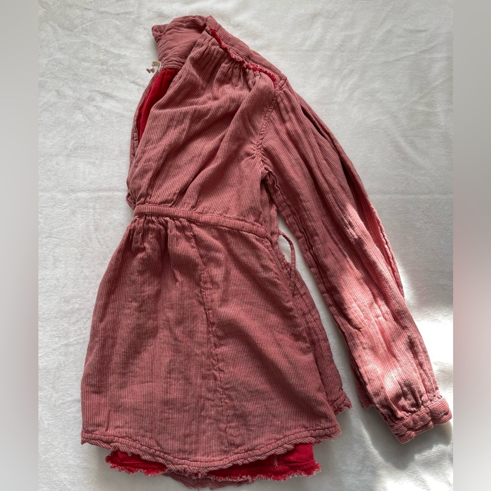 Free People Red & Beige‎ Striped Fringe Hem Beach Boho Cinch Waist Pullover Top - Picture 3 of 7